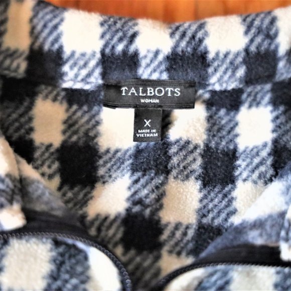 Talbots Women's Quarter-Zip Checkered Navy and White Fleece Size X - Picture 3 of 3